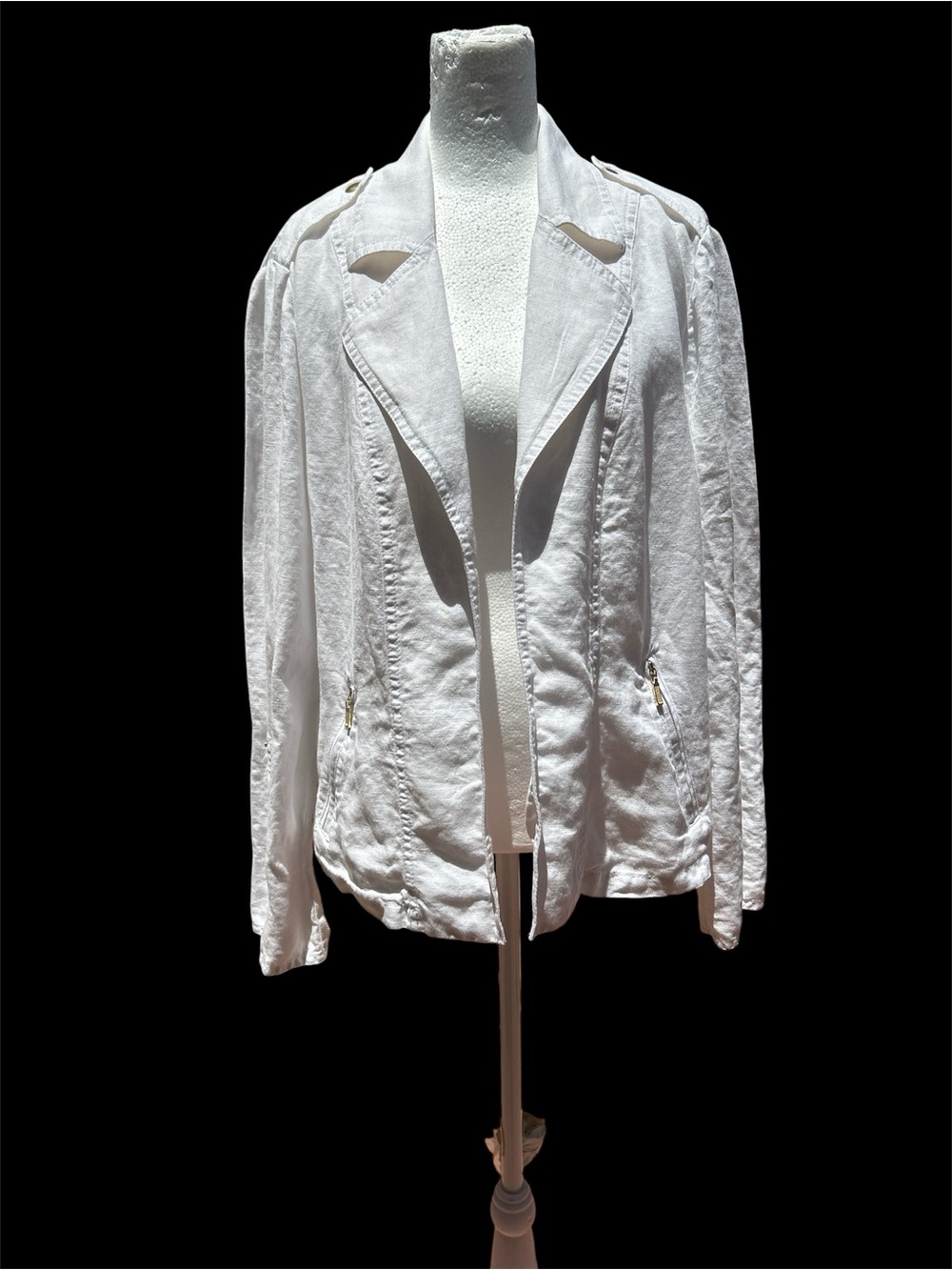 Chico's Linen Blazer Jacket White Epaulets Open Front